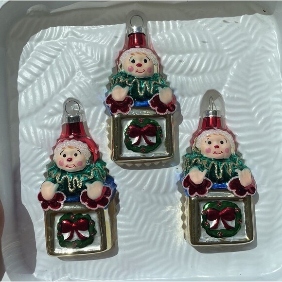 Vintage Christmas Trimmeries  glass ornaments Hand Decorated Jack In Box Elf - Picture 1 of 9